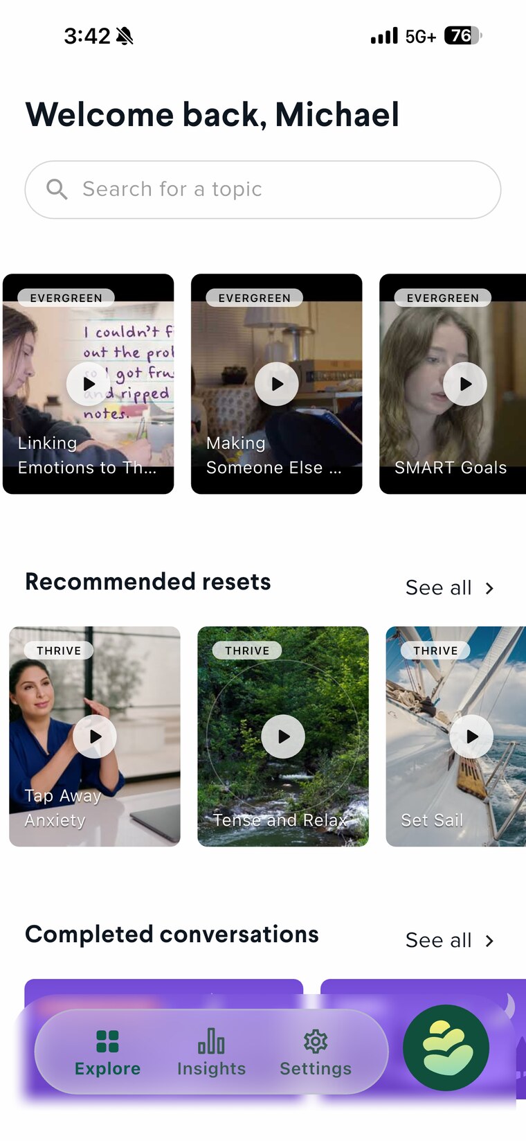 Evergreen app home feed with a library of interactive wellness video modules and recommended resets