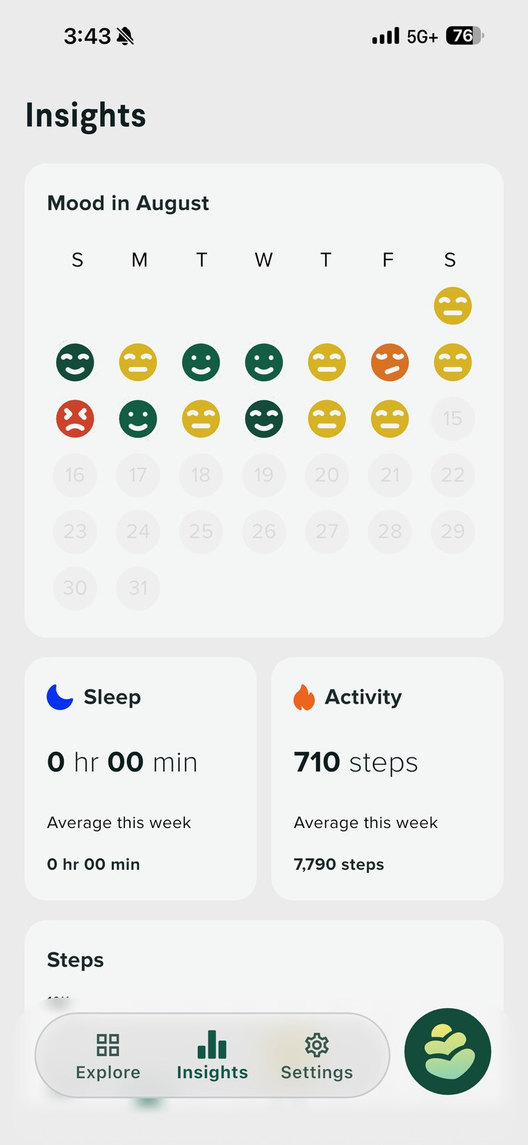 Evergreen app Insights screen showing a monthly mood calendar with emoji entries plus weekly sleep and activity summaries