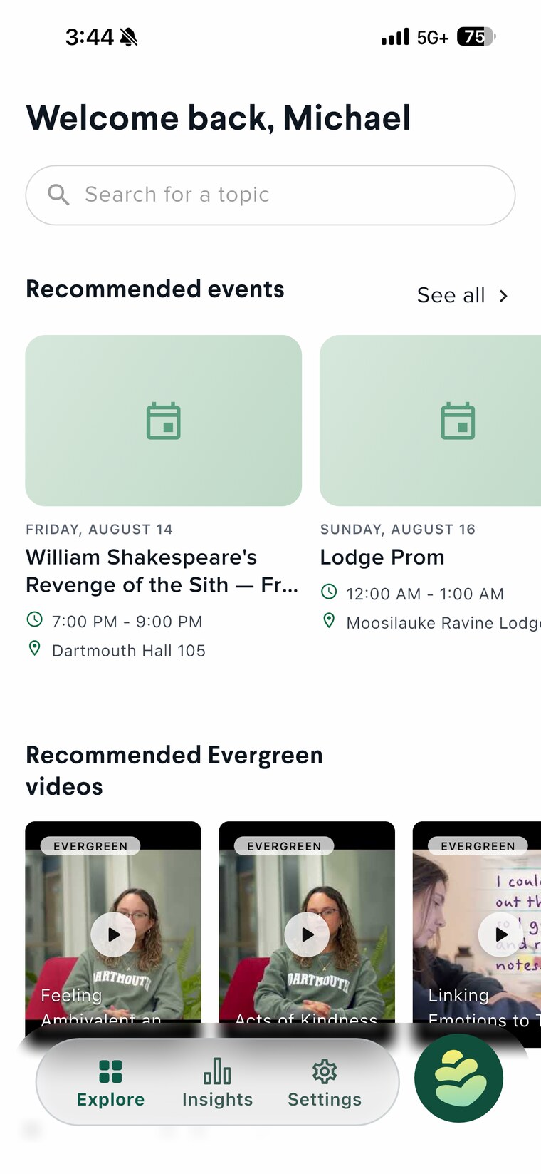 Evergreen app feed recommending campus events like a theater performance and the Lodge Prom