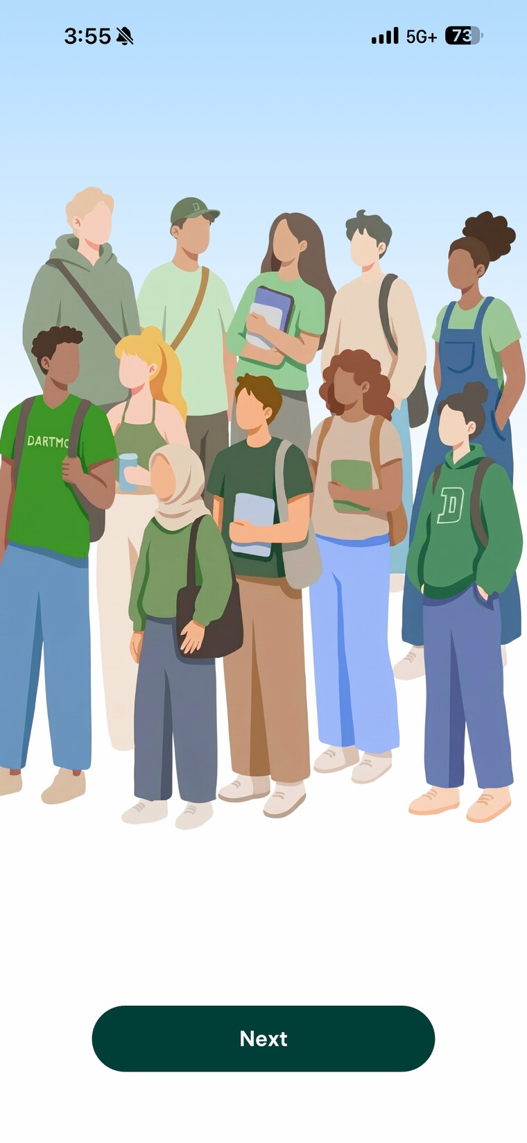 Evergreen app screen with an illustration of a diverse group of Dartmouth students