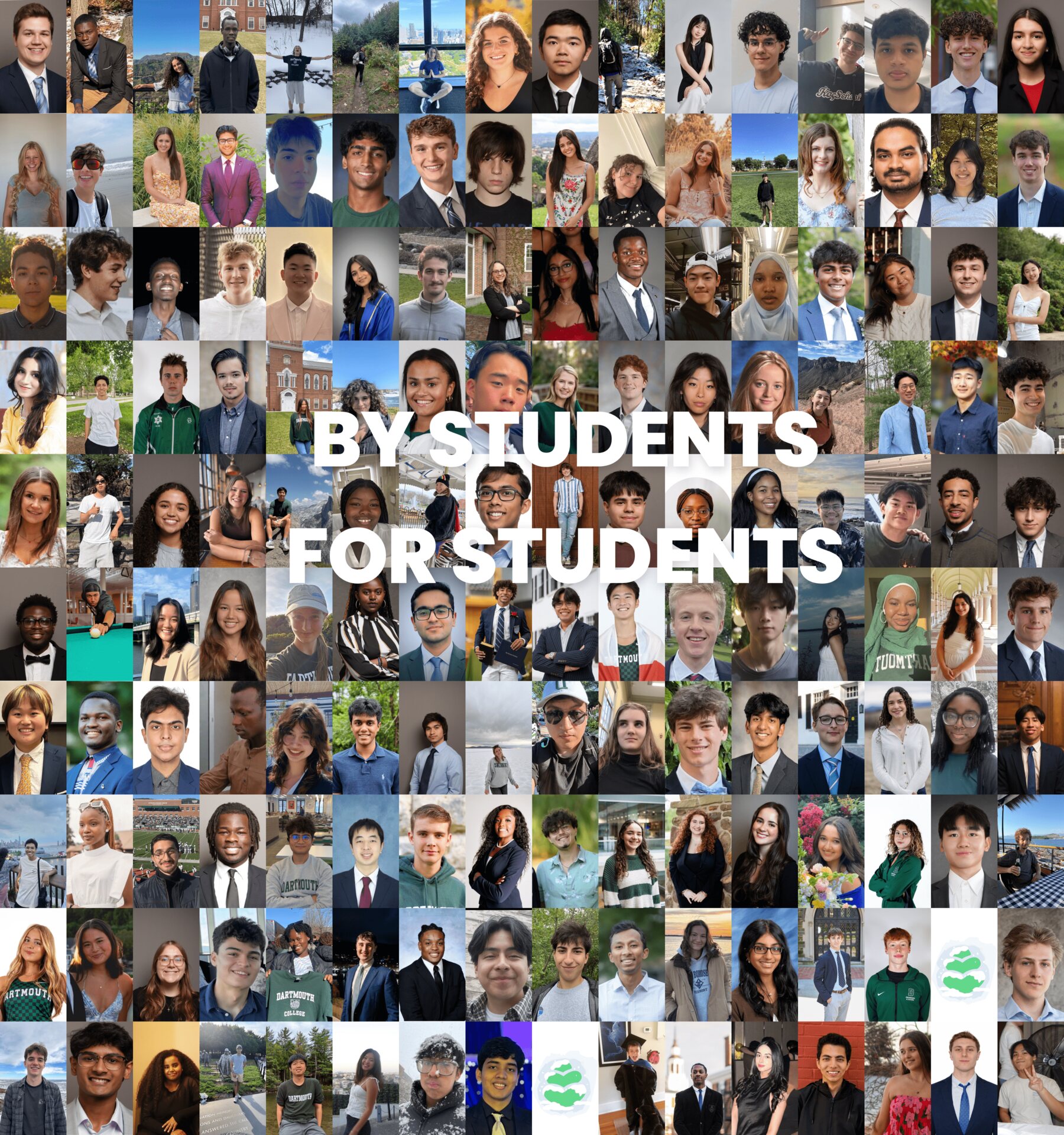 A collage of more than 300 Dartmouth students who built Evergreen, captioned 'By students, for students'